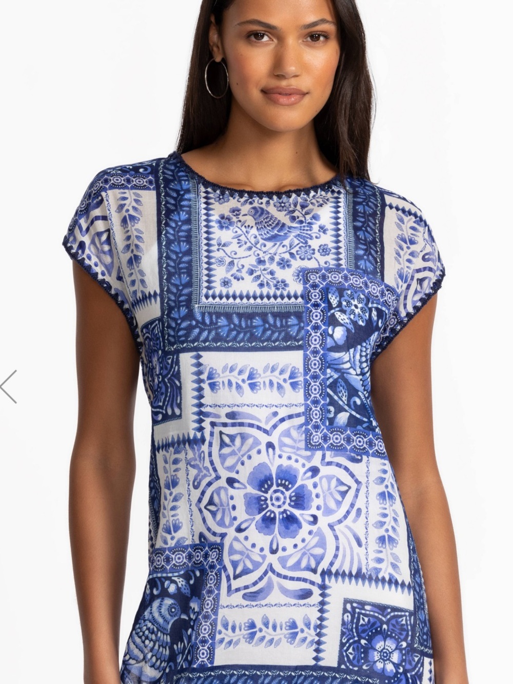 Johnny Was Starling Blue & White Printed Tunic Top Size Medium NWT